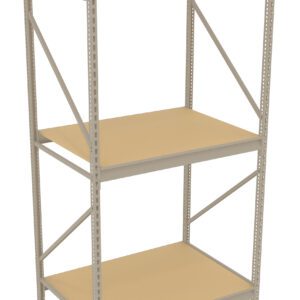 A metal shelving unit with three beige shelves, supported by vertical metal beams with perforated holes for adjustable shelving. The structure is freestanding, suitable for storage in a garage or workshop.