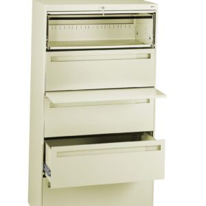 A beige four-drawer filing cabinet is shown with three drawers open. The top compartment is partially pulled out, revealing an empty slot. The drawers are staggered open, showcasing a minimalist, practical design.