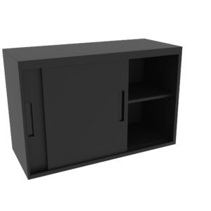 A black, modern cabinet with a minimalist design. It features two sliding doors on the left side and open shelving on the right. The cabinet has a sleek, matte finish and two rectangular handles for each door.