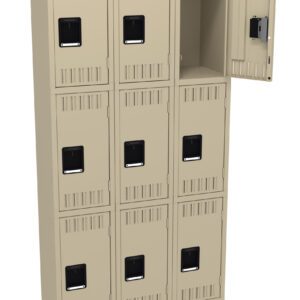 A beige metal locker unit with three vertical columns and four horizontal rows. The top right locker door is open, showing an empty compartment inside. The other doors are closed, each featuring a small rectangular handle.