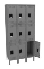 A gray metal locker unit with three columns and three rows, totaling nine compartments. Eight locker doors are closed, and one door is open, revealing an empty interior. Each locker has a ventilation slot and a handle.