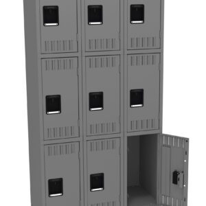 A gray metal locker unit with three columns and three rows, totaling nine compartments. Eight locker doors are closed, and one door is open, revealing an empty interior. Each locker has a ventilation slot and a handle.