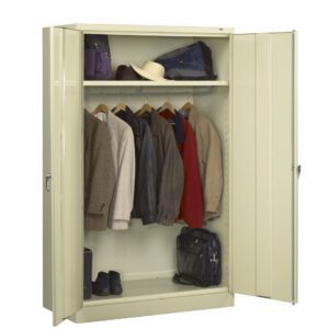 A beige metal locker with open doors showing jackets hanging on a rod, hats and folded clothes on the top shelf, a bag and shoes on the bottom.
