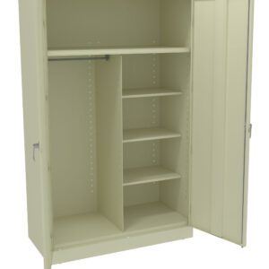 Beige metal storage cabinet with open doors, revealing a rail for hanging clothes on the left and three adjustable shelves on the right. The cabinet stands on a flat base and has sleek handles on each door.