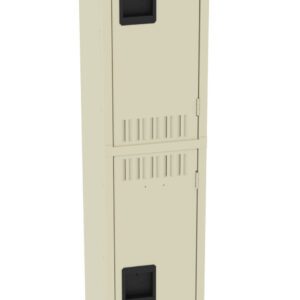 Beige metal locker with two doors, one above the other, featuring black handles and small ventilation slits near the top and bottom of each door. The locker stands on short legs and is shown against a white background.