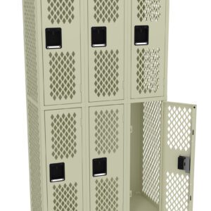 Six beige metal lockers are arranged in two rows of three. Each locker has a vented door with a lattice pattern and a black handle. One locker at the bottom right is open, showing an empty interior.