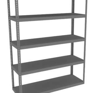 A five-tier, gray metal shelving unit with adjustable shelves is shown. The unit has a simple, industrial design and is empty, set against a plain white background.