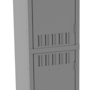 Tall, narrow gray metal locker with two separate compartments, each with a black, recessed handle. The locker stands on four short legs and has ventilation slits near the top and bottom of each compartment door.
