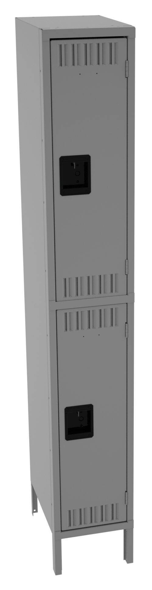 Tall, narrow gray metal locker with two separate compartments, each with a black, recessed handle. The locker stands on four short legs and has ventilation slits near the top and bottom of each compartment door.