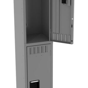 A tall, gray metal locker stands open, revealing a spacious interior. It has two compartments with ventilation slots at the top and bottom. The upper door is open while the lower door remains closed.