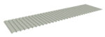 A long, rectangular sheet of corrugated metal with evenly spaced ridges running parallel. The metal has a light gray or silver color, commonly used for roofing or siding purposes.