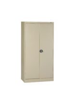 A tall, beige metal cabinet with two doors and a round, central handle is set against a white background. The cabinet has a simple design, suggesting it is used for storage purposes.