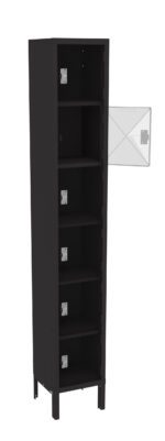 A tall, narrow black locker with six compartments, each with a hinged door. The top compartment door is open, revealing the interior. The locker stands on short legs and is positioned on a white background.