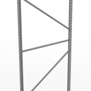 A tall, gray metal shelf frame with a series of crossbars and perforated uprights for adjustable shelving. The structure is standing upright against a plain, white background.