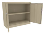 A beige metal cabinet with one door open and one shelf inside. The cabinet is empty, showing two compartments.