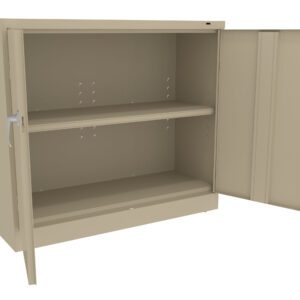 A beige metal cabinet with one door open and one shelf inside. The cabinet is empty, showing two compartments.