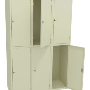 A set of six beige metal lockers, arranged in two rows. Three lockers are on the top row, and three on the bottom. The top middle locker and the bottom right locker have their doors open.