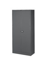 Tall, grey metal storage cabinet with double doors. The doors have a central lock mechanism and the cabinet has a minimalist design.