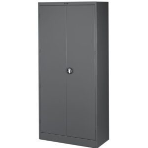 Tall, grey metal storage cabinet with double doors. The doors have a central lock mechanism and the cabinet has a minimalist design.