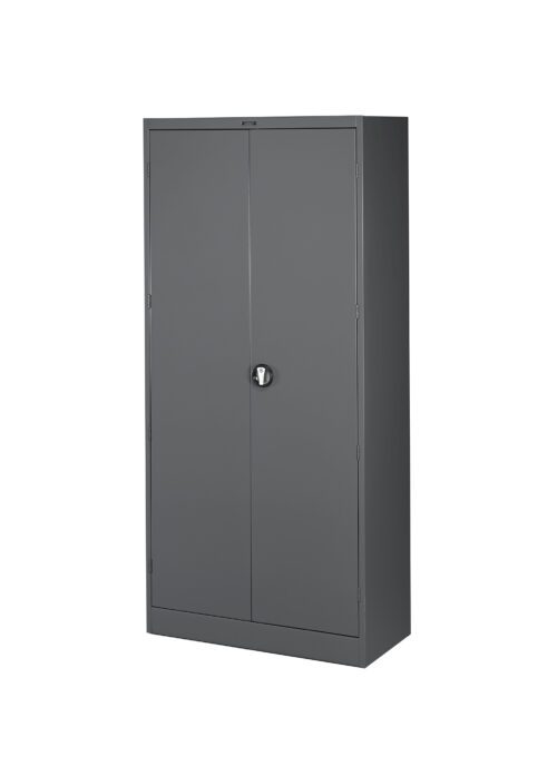 Tall, grey metal storage cabinet with double doors. The doors have a central lock mechanism and the cabinet has a minimalist design.