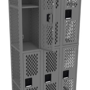 Gray metal locker unit with six compartments, featuring a lattice design on the doors. Two doors are open, revealing shelves inside. Each compartment has a black handle for opening.