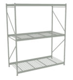 A metal storage rack with two mesh shelves, designed for industrial use. It has a sturdy frame with diagonal supports and is empty, showing its light gray color and grid pattern.