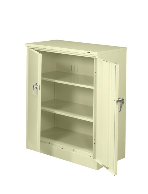 psx57xiybmaorbielz2e.jpg A beige metal cabinet with open double doors revealing two adjustable shelves inside. The cabinet has a handle on each door and a lock mechanism. It is placed against a plain white background.