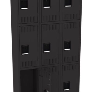 A black metal locker unit featuring nine compartments arranged in a 3x3 grid. One locker door at the bottom is open, revealing an empty interior. Each door has a recessed handle. The design is sleek and industrial.