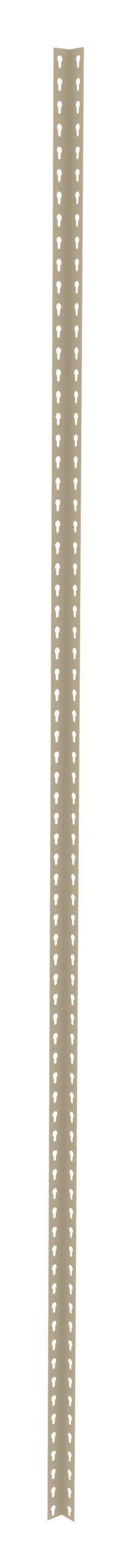 pu3fc4akkd5kehgk97jt.jpg An elongated, beige metal post with small, evenly spaced holes along both edges.