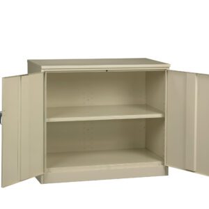 A beige metal cabinet with two open doors, revealing two interior shelves. The cabinet is empty, with handles on each door, positioned against a white background.