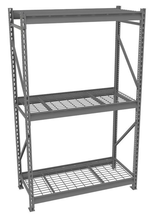 pwzqn41ublmpqkmv7mpw.jpg A gray metal storage rack with three wire mesh shelves. The structure includes vertical supports and diagonal cross braces for stability. The design is industrial, suitable for storing heavy items in warehouses or garages.