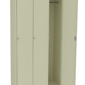 A beige metal three-door locker with one door open, revealing an empty interior with a hanging rod and hook. The locker has a minimalist design and stands on small legs.