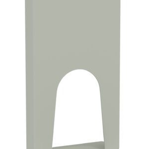 A freestanding, light gray hand sanitizer dispenser with a sleek, minimalist design. It has a tall rectangular top and a semi-circular base, featuring a cut-out for pedal operation.