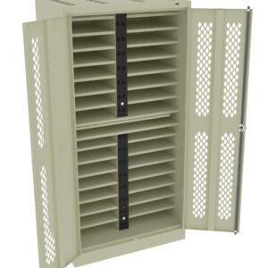 An open beige metal storage cabinet with two columns of shelves inside. Each column has multiple shelves, and the doors have a grid pattern for ventilation.