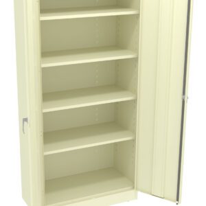 A beige metal storage cabinet with two doors open, revealing five adjustable shelves. The cabinet is empty and positioned on a plain white background.