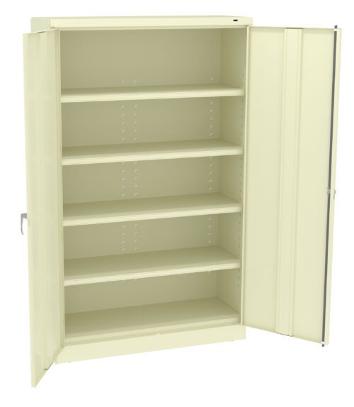 A beige metal storage cabinet with two doors, one open to reveal five adjustable shelves inside. The cabinet has a simple, industrial design and is shown against a plain white background.