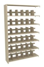 A beige, multi-tiered metal shelving unit featuring multiple rows and columns of compartmentalized slots. The unit is designed for organizing items, with seven shelves, each holding several vertical dividers.