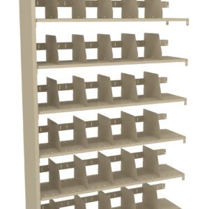 A beige, multi-tiered metal shelving unit featuring multiple rows and columns of compartmentalized slots. The unit is designed for organizing items, with seven shelves, each holding several vertical dividers.