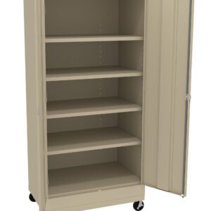 Beige metal storage cabinet on wheels with one door open, revealing five empty shelves.