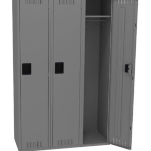Gray, three-door metal locker with one door open, revealing a clothing rod. The locker has ventilation slots near the top and bottom of each door and black handles.