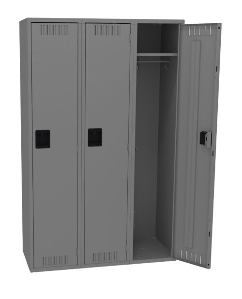 q1trng5g4plcffrdzq6k.jpg Gray, three-door metal locker with one door open, revealing a clothing rod. The locker has ventilation slots near the top and bottom of each door and black handles.
