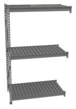 Three-tiered gray metal shelving unit against a white background, with slatted shelves and vertical supports on one side. The shelves appear sturdy, suitable for storage or organization purposes.