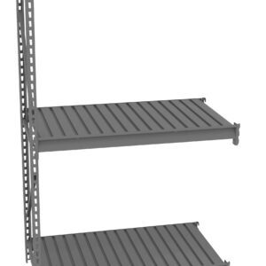Three-tiered gray metal shelving unit against a white background, with slatted shelves and vertical supports on one side. The shelves appear sturdy, suitable for storage or organization purposes.