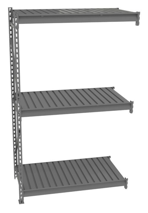Three-tiered gray metal shelving unit against a white background, with slatted shelves and vertical supports on one side. The shelves appear sturdy, suitable for storage or organization purposes.