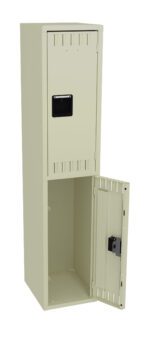 A beige metal locker with two compartments is shown. The top door is closed, featuring a black handle, while the bottom door is open, revealing an empty space inside. Both compartments have ventilation slots at the top and bottom.