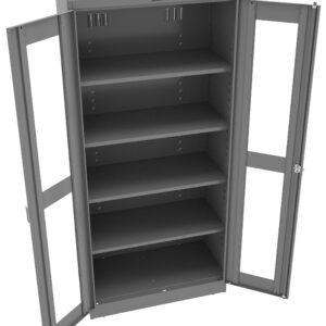Open metal cabinet with transparent double doors and five shelves inside. The cabinet is empty and has a simple, industrial design. The doors have vertical handles and the cabinet is shown against a plain white background.
