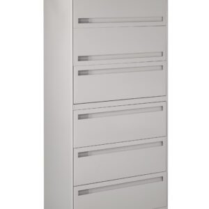 A tall, gray, five-drawer, metal filing cabinet with a lock at the top. The cabinet is designed for organizing files, featuring horizontal pull handles on each drawer.