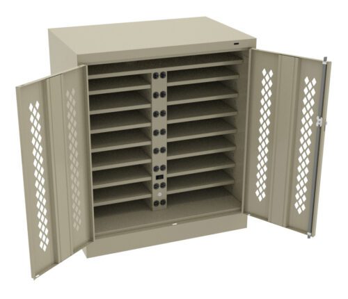 Open beige cabinet with perforated doors, containing multiple horizontal shelves. The interior design includes black straps on each shelf, suggesting its used for organizing or storing items securely.