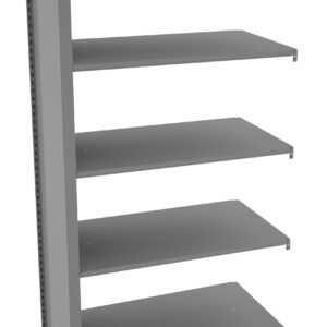 A 3D rendering of a metal shelving unit with five shelves. The shelves are evenly spaced and have a minimalist design, with a single vertical support on the left side. The shelves are a solid gray color.