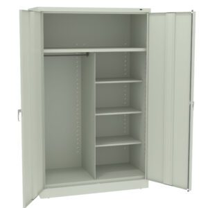 A large, open, metal storage cabinet with light gray color. It has two doors, a rod for hanging clothes on the left, and four adjustable shelves on the right. The interior is spacious and unoccupied, ready for storage.